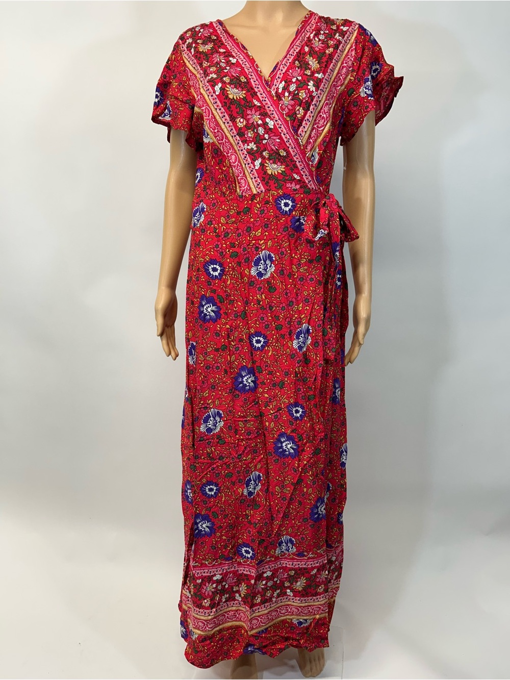 NWT PrettyGarden Large Red Floral Wrap Maxi Dress with Tie Waist